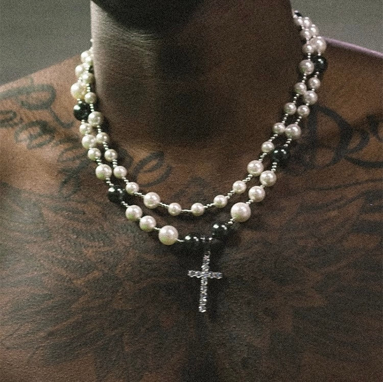 LAYERED PEARL CROSS NECKLACE