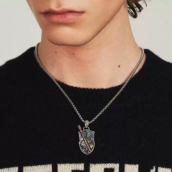 "BASTION" MULTICOLOR DIAMOND SHIELD NECKLACE