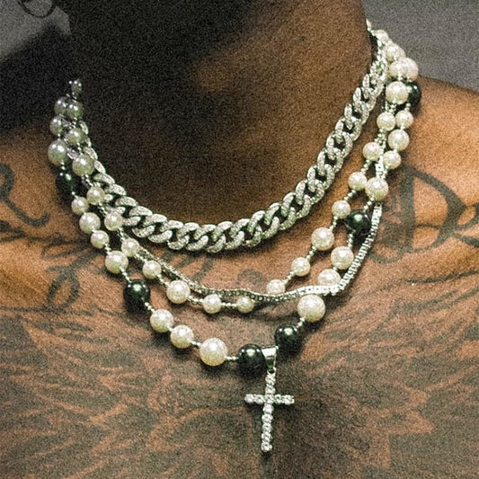 LAYERED PEARL CROSS NECKLACE