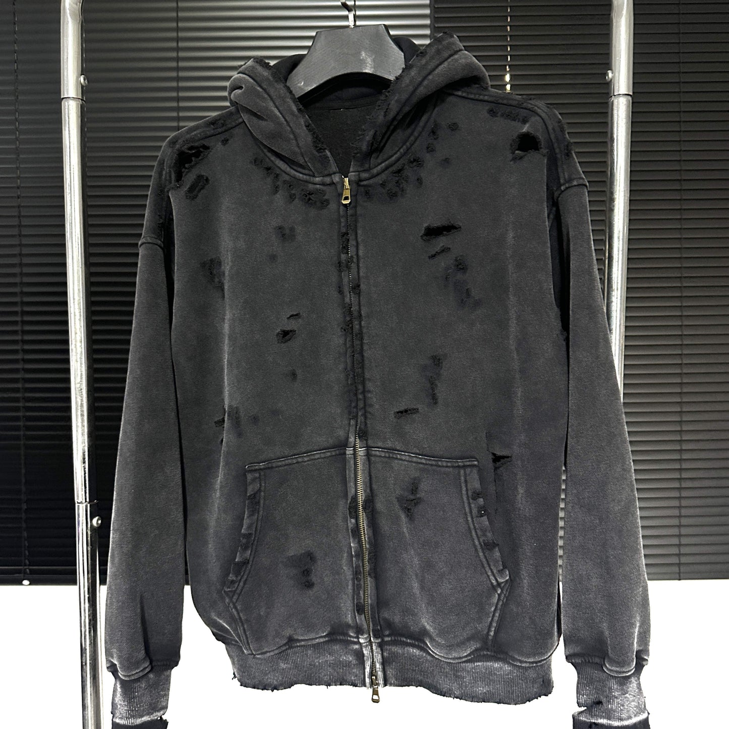 "VOID" DISTRESSED ZIPUP HOODIE