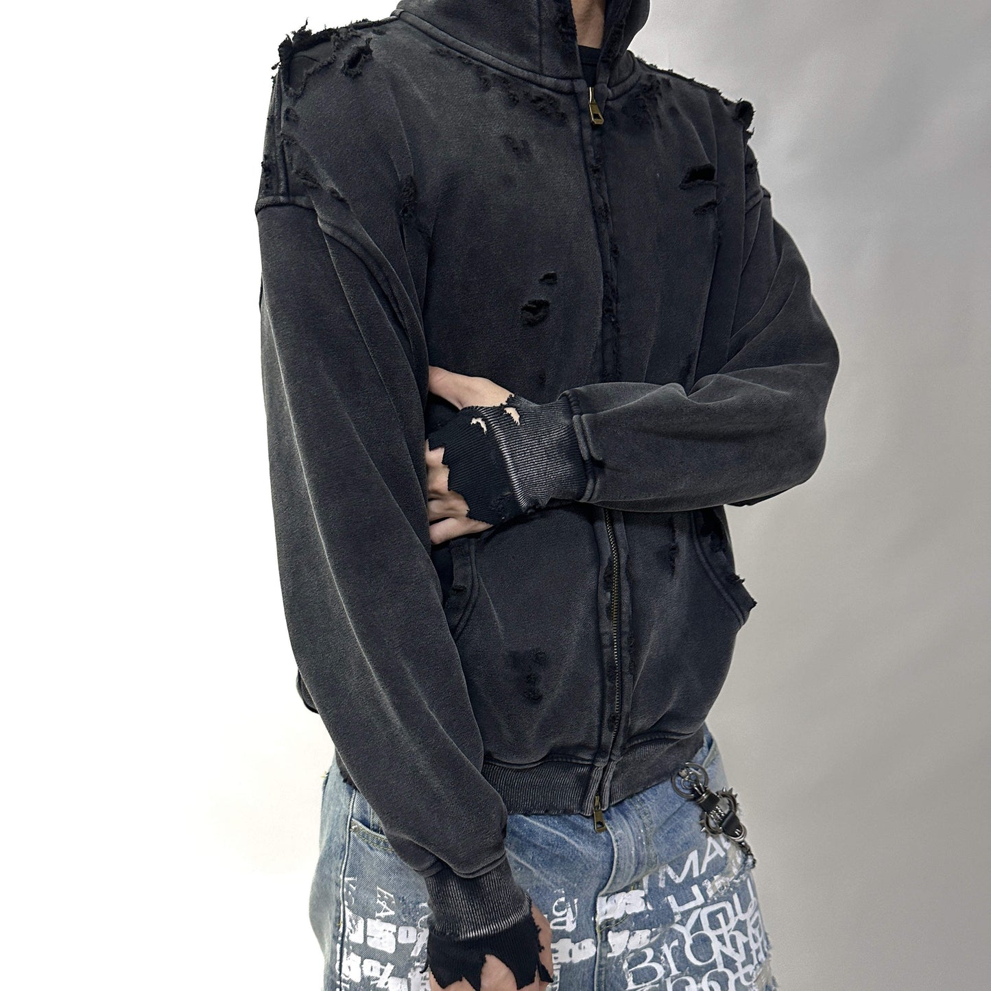 "VOID" DISTRESSED ZIPUP HOODIE