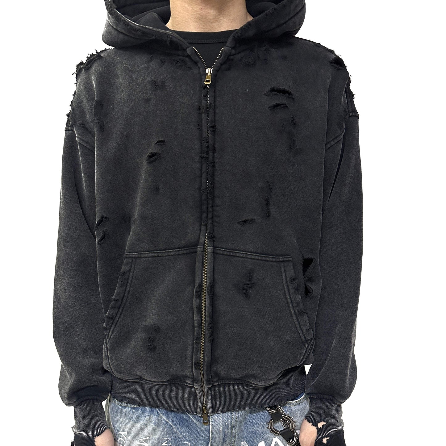 "VOID" DISTRESSED ZIPUP HOODIE