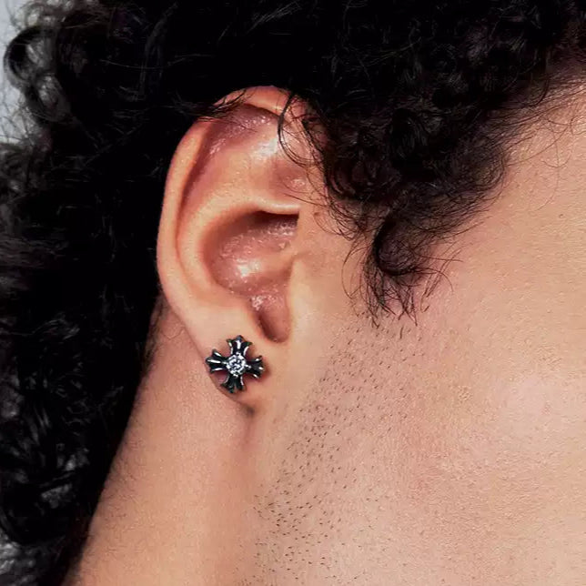 "ONYX" SPIKED DIAMOND CROSS EARRINGS