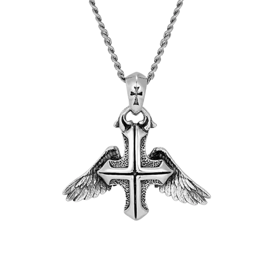 "SACRED FLIGHT" SILVER WINGED CROSS NECKLACE